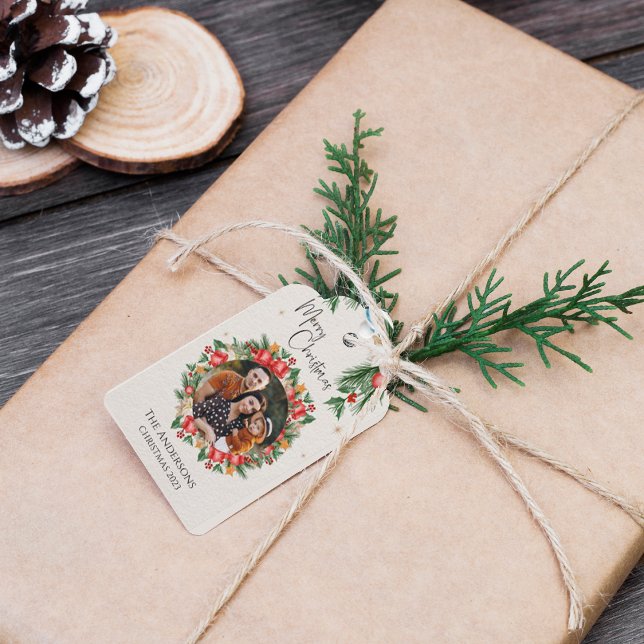 Red Blommigts Family Photo God jul Presentetikett (Red Florals Family Photo Merry Christmas Gift Tags)