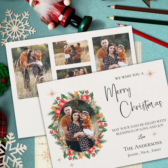 Red Blommigts Multi Family Photos God jul Vykort (Red Florals Multi Family Photos Merry Christmas Postcard)
