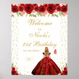 Red Blonde Hair Girl Birthday Party Welcome Poster