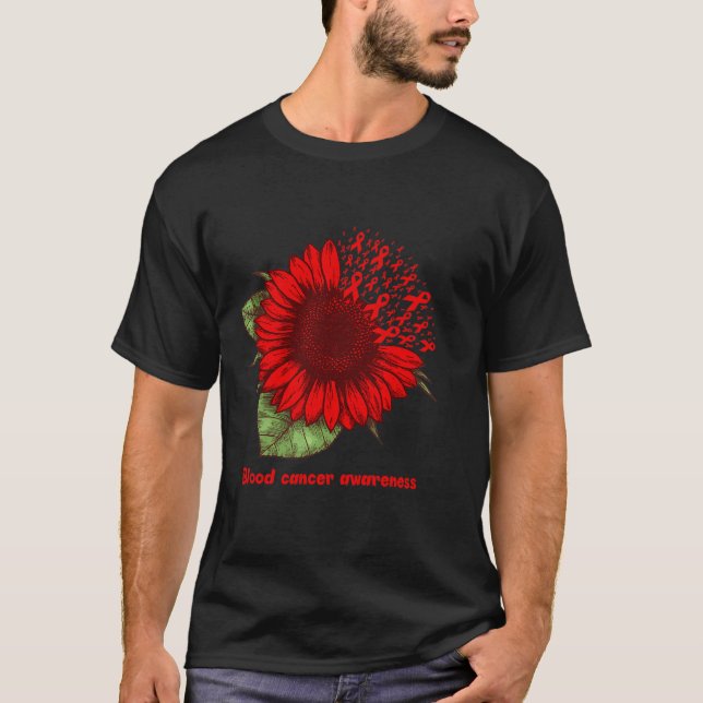 Red Blood Cancer Awareness Sunflower Gift Warrior  T Shirt (Framsida)