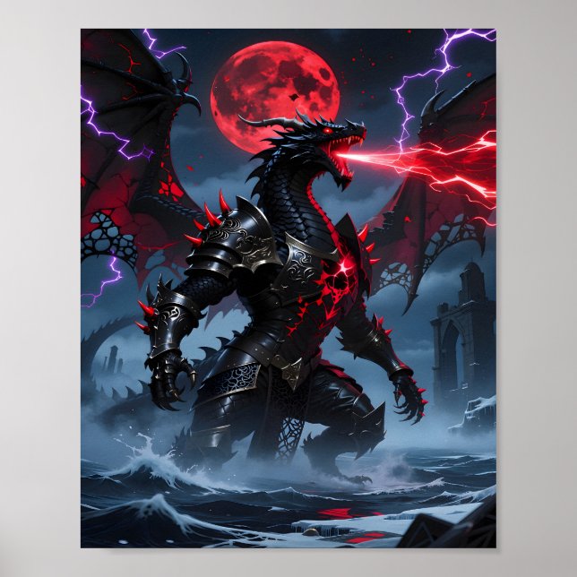 Red Blood Moon Armored Black Dragon Fantasy Poster (Framsidan)