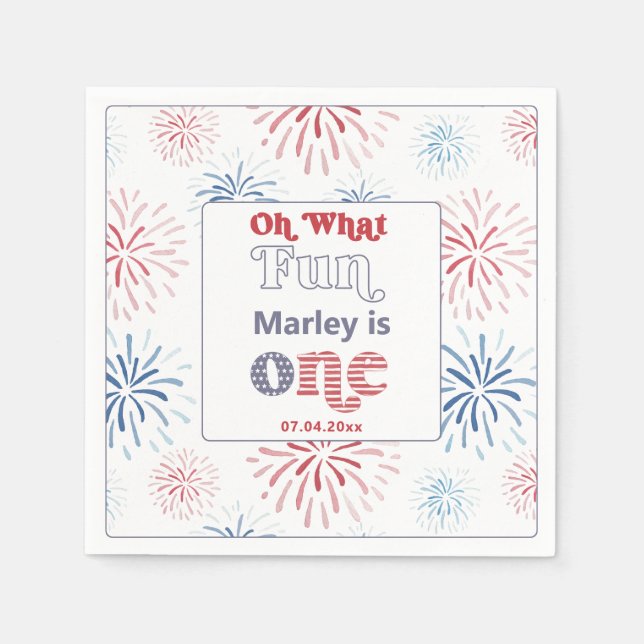 Red Blue 4:e juli Fireworks 1:a Birthday Party Pappersservett (Framsidan)