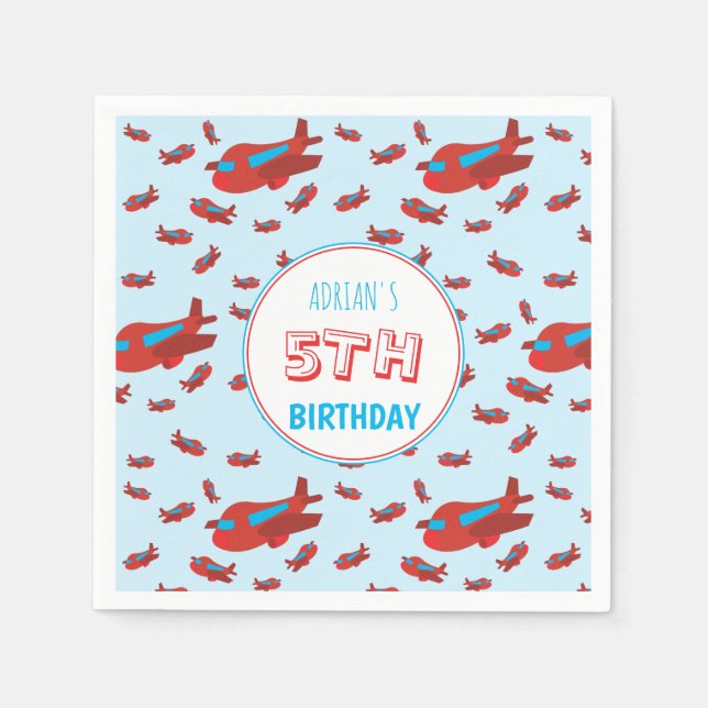 Red Blue Airplan Mönster Kids Boys Girls Birthday Pappersservett (Framsidan)