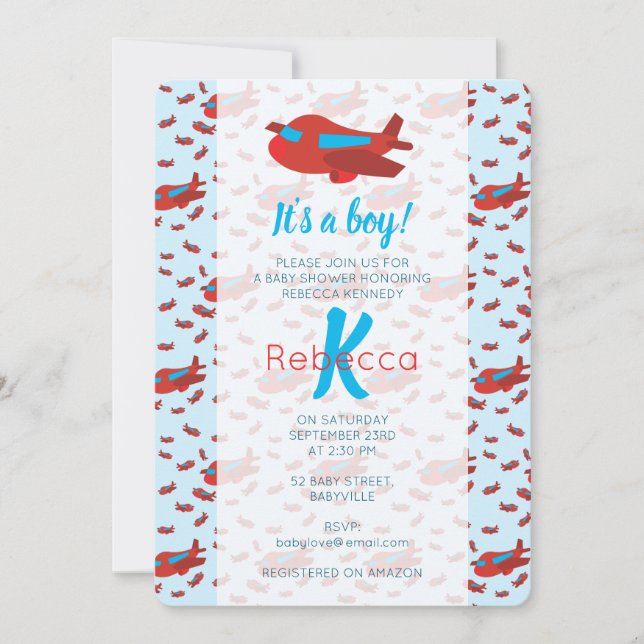 Red Blue Airplane Mönster Boy Baby Shower Inbjudningar (Framsida)