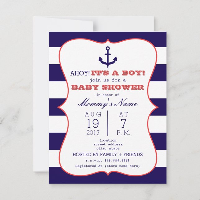 Red + Blue Anchor + Rand Boy Shower Inbjudningar (Baksida)