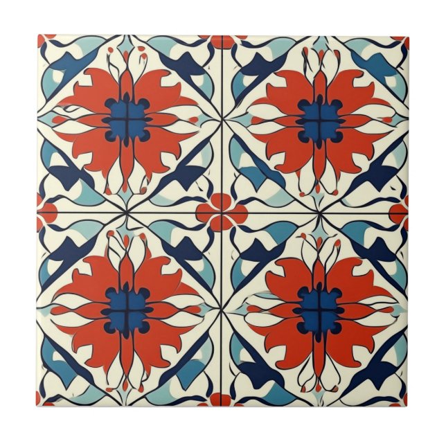 Red Blue and Off White Pattern Ceramic Tile Kakelplatta (Framsidan)