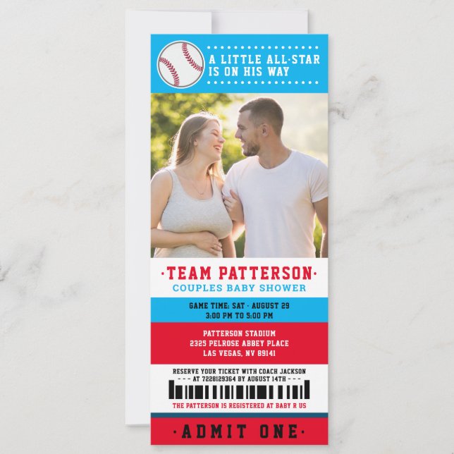 Red Blue Baseball Biljett Par Baby Shower Photo Inbjudningar (Framsida)
