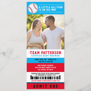 Red Blue Baseball Biljett Par Baby Shower Photo Inbjudningar