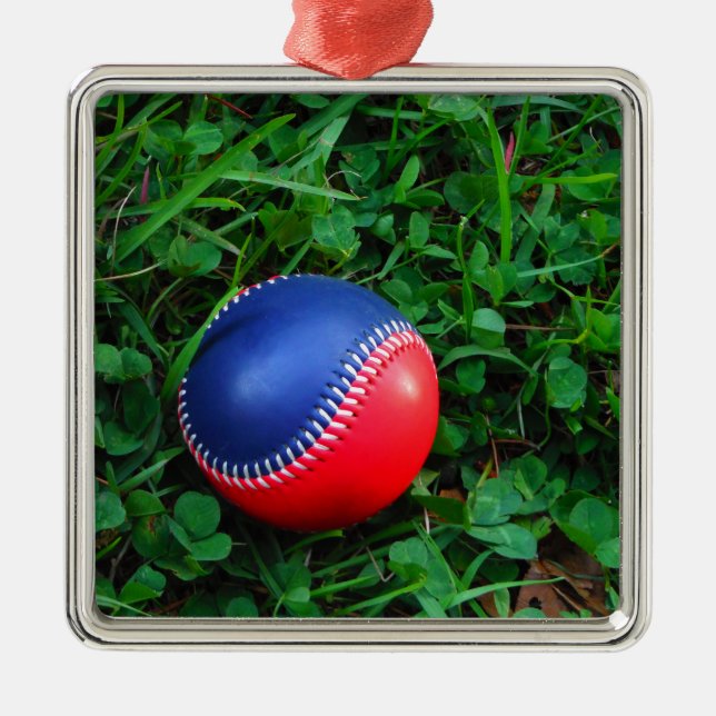 Red & Blue Baseball med vit slitning Julgransprydnad Metall (Framsidan)