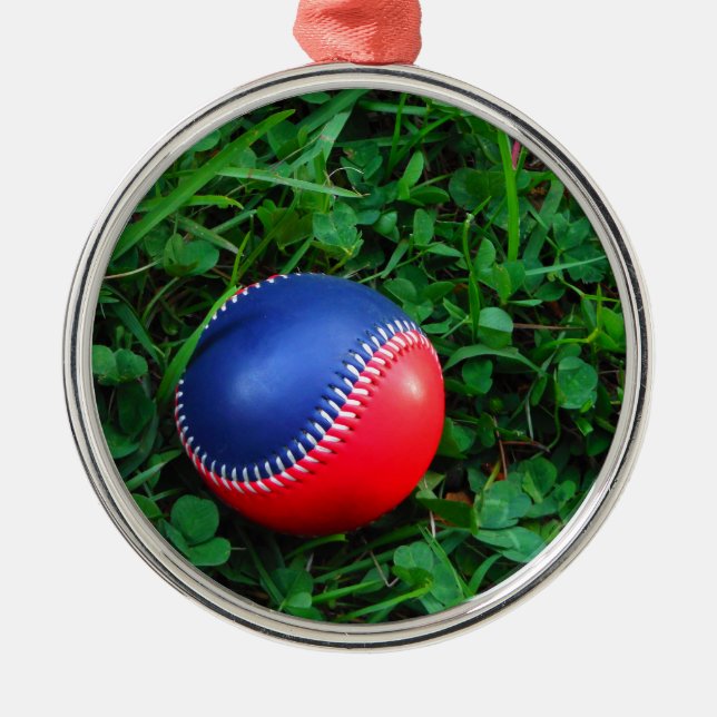 Red & Blue Baseball med vit slitning Julgransprydnad Metall (Framsidan)