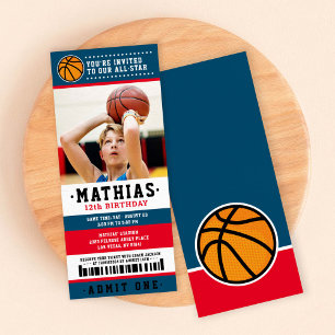 Red Blue Basketball Biljett Birthday Photo Inbjudningar