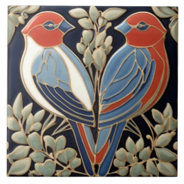 Red Blue Bird Couple - Art nouveau Art Deco Birds Kakelplatta
