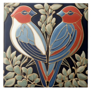Red Blue Bird Couple - Art nouveau Art Deco Birds Kakelplatta