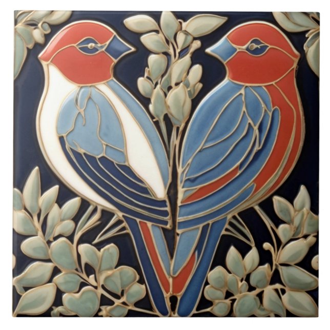 Red Blue Bird Couple - Art nouveau Art Deco Birds Kakelplatta (Framsidan)