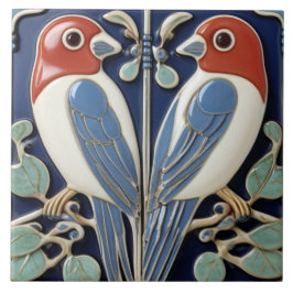 Red Blue Bird Pair - Art nouveau Art Deco Birds Kakelplatta