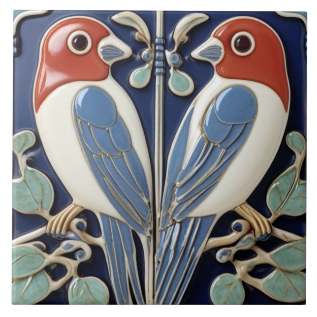 Red Blue Bird Pair - Art nouveau Art Deco Birds Kakelplatta (Framsidan)