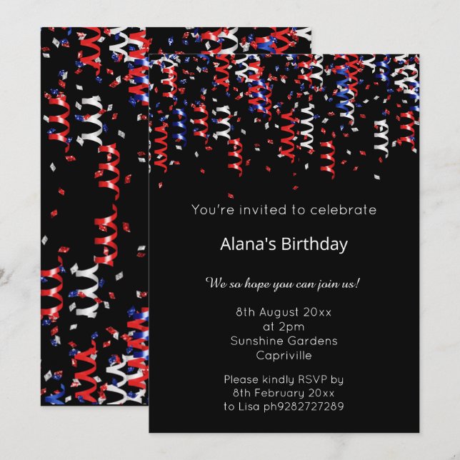 RED BLUE BLACK PATRIOTIC ROSETT BAND BIRTHDAY INBJUDNINGAR (Fram/baksida)
