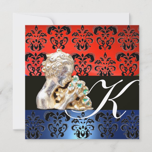 RED BLUE, BLACK, WHITE DAMASK JEWEL MONOGRAM INBJUDNINGAR (Framsida)