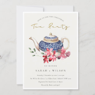Red Blue Blommigt Tekanna jul Tea Party Inbjudan