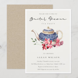 Red Blue Blommigt Tekanna Möhippa Party Inbjudan