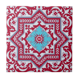 Red Blue Ceramic Stil Azulejo Vintage Monogram Kakelplatta