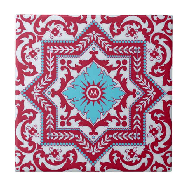 Red Blue Ceramic Stil Azulejo Vintage Monogram Kakelplatta (Framsidan)