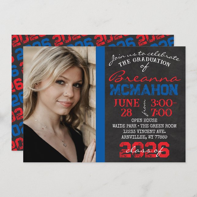 Red & Blue Chalkboard Studenten Photo Inbjudningar (Repeating Class Year 1 & 2 Photo Graduation Invitations)