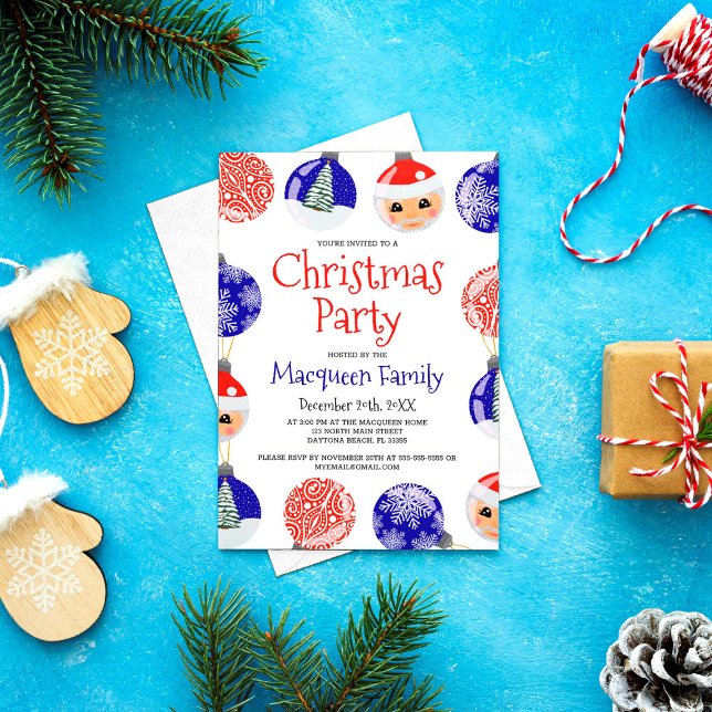 Red Blue Cute Ornamble Baubles jul Party Inbjudningar (Skapare uppladdad)