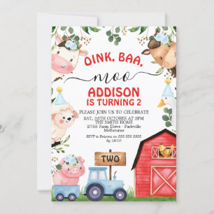 Red Blue Farm Barn Tractor Birthday Inbjudningar