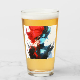 Red Blue Fire Ice Tecknad Stil Anime Girl Glaskopp
