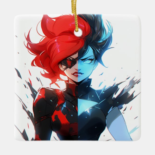 Red Blue Fire Ice Tecknad Stil Anime Girl Julgransprydnad Keramik (Framsida)