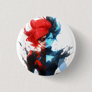 Red Blue Fire Ice Tecknad Stil Anime Girl Knapp