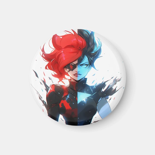 Red Blue Fire Ice Tecknad Stil Anime Girl Magnet (Framsidan)