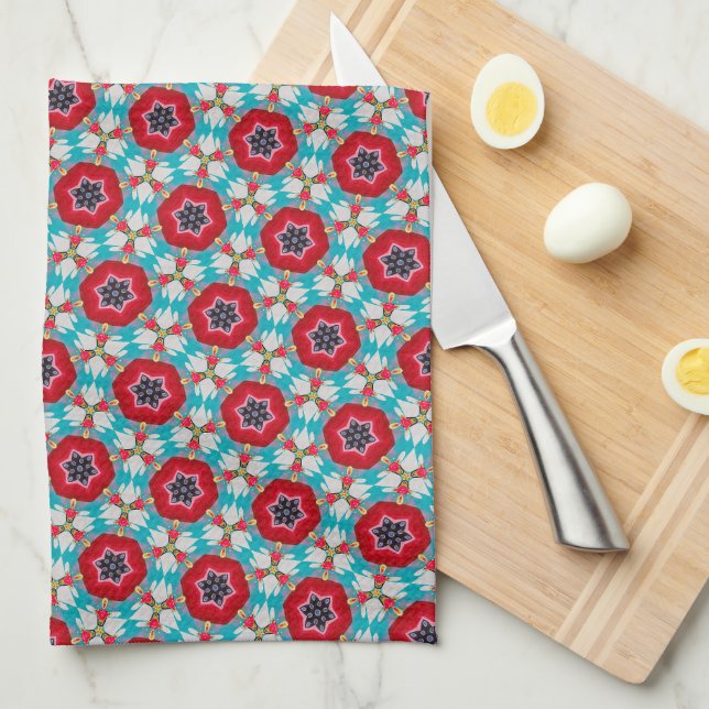 Red Blue Flower Geometric Abstrakt Kökshandduk (Vikt i Fjärdedel)