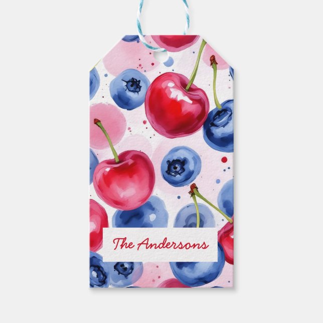 Red Blue Fruit Cherry Berry Mönster Presentetikett (Framsidan)