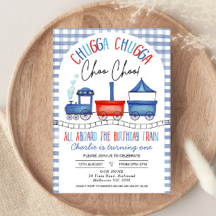 Red Blue Gingham Chugga Chugga Tåg 1:a födelsedage Inbjudningar