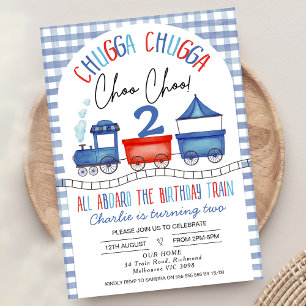 Red Blue Gingham Chugga Chugga Tåg Birthday Inbjudningar