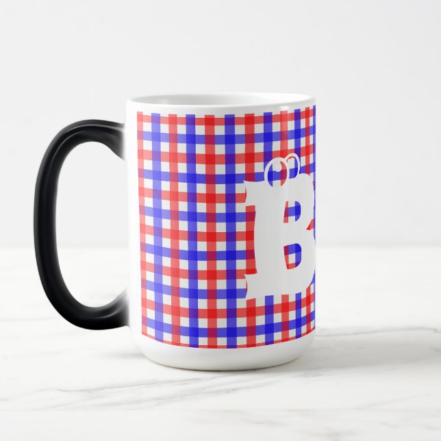 Red Blue Gingham Play Mönster Magisk Mugg (Vänster)