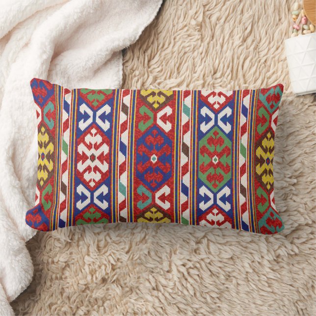 Red Blue Grönt Gult White Oriental Kilim Matta Lumbarkudde (Filt)