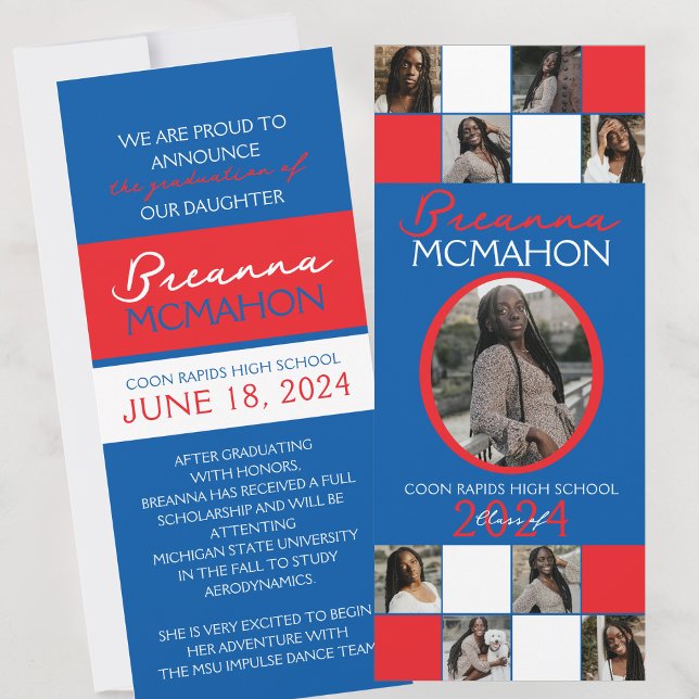 Red & Blue Guld 9 Photo Studenten annons Inbjudningar (Red and Blue 9 Photo Elegant Formal Graduation Announcements)