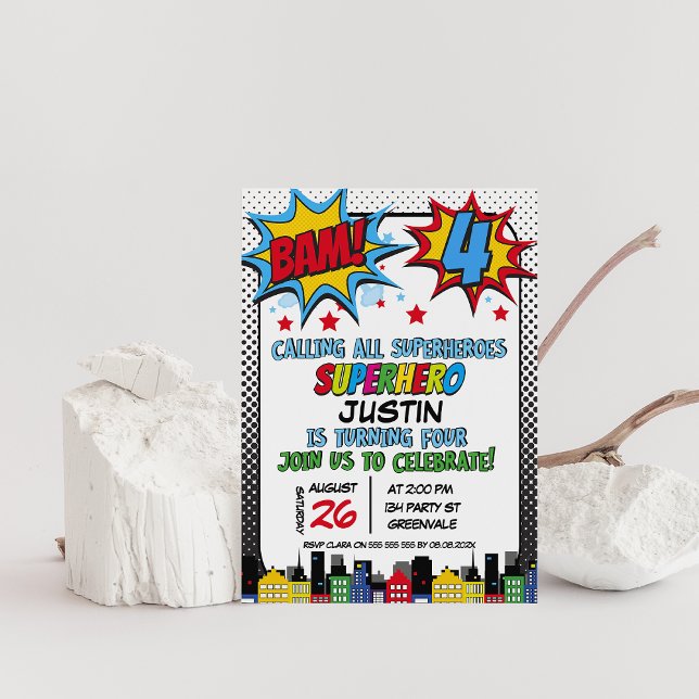 Red Blue Gult Bam Supertheen 4e födelsedagen Inbjudningar (Superhero 4th Birthday Party Invitation, Bam superhero birthday invitation, Calling all superheroes)