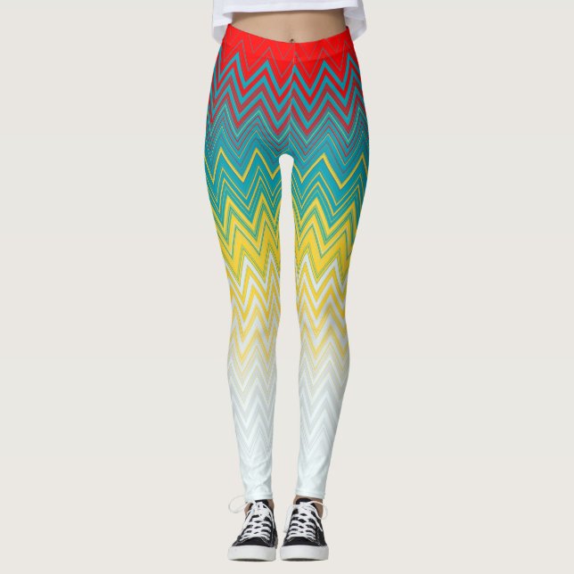 Red Blue Gult Chic Unique Zigzag Mönster Leggings (Framsida)