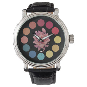 RED BLUE GULT FÄRG WHEEL MED ROSA ROS ARMBANDSUR
