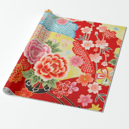 Red Blue Gult Japansk Kimono Blommigt Decoupage Presentpapper