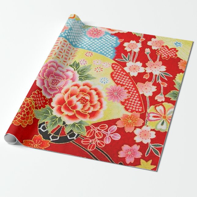 Red Blue Gult Japansk Kimono Blommigt Decoupage Presentpapper (Utrullad)