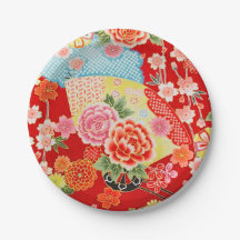 Red Blue Gult Japansk Kimono Blommigt Flower