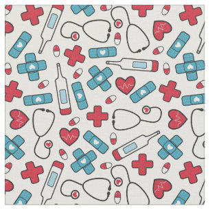 Red Blue Hearts Nurse Doktor Mönster Tyg
