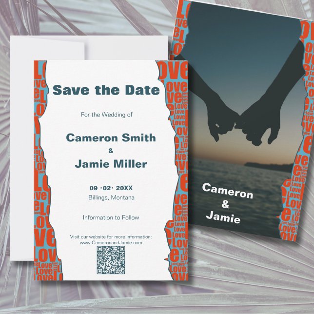 Red Blue Kärlek Typography Gräns Spara Datumet (Red Blue Love Typography Border Save The Date)