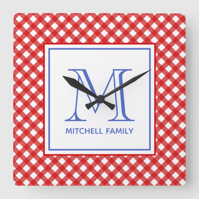 Red & Blue Land Stil Gingham Mönster Monogram Fyrkantig Klocka (Framsida)