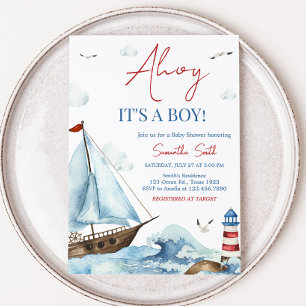 Red Blue Nautical Baby Shower Inbjudningar